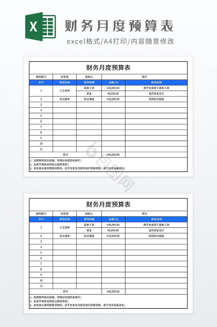 实用财务月度预算表