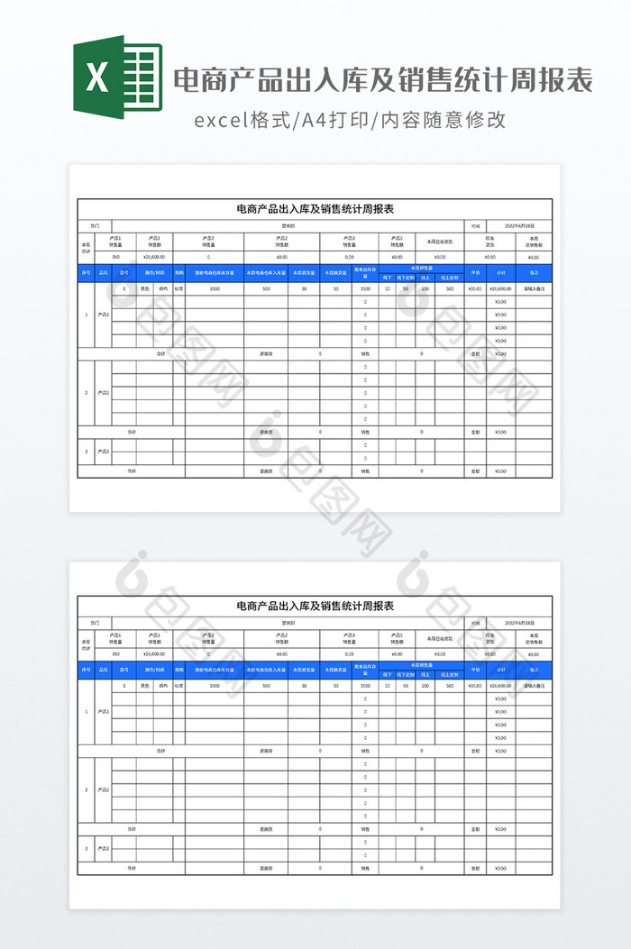 电商产品出入库及销售统计周报表