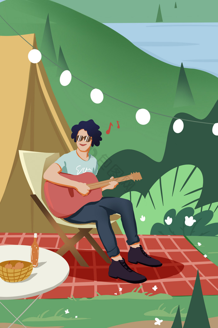 放松音乐野外露营插画图片
