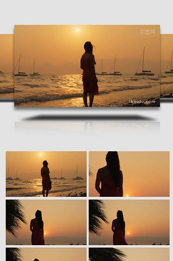 夕阳下漫步海边的女孩唯美实拍图片