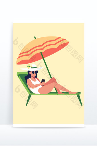 手绘夏日泳装女子伞下乘凉日光浴图片