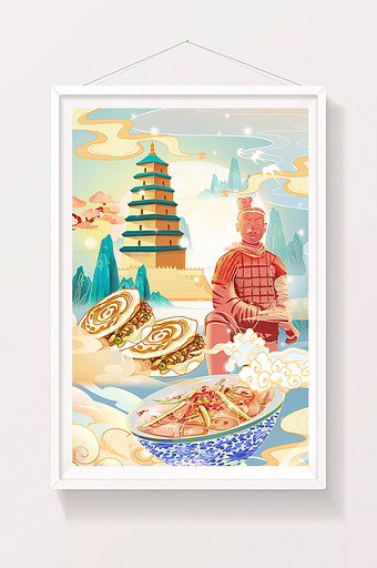中国风国潮西安建筑美食插画图片