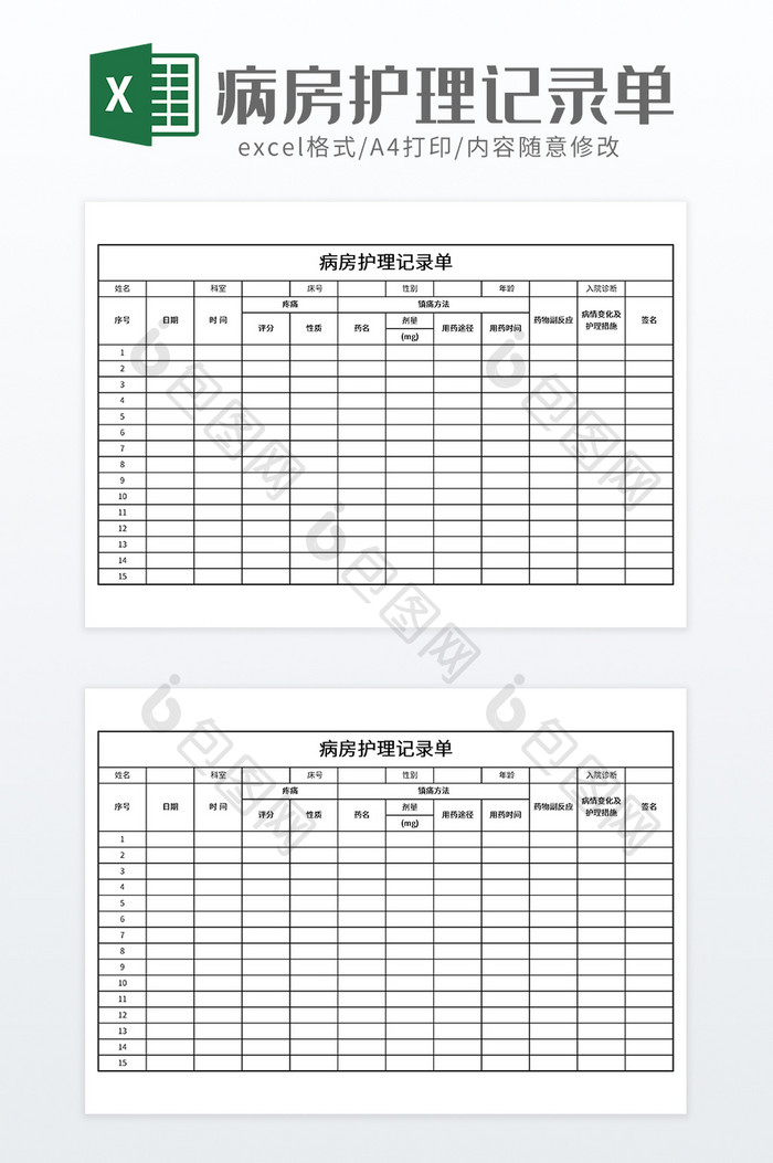 实用病房护理记录单