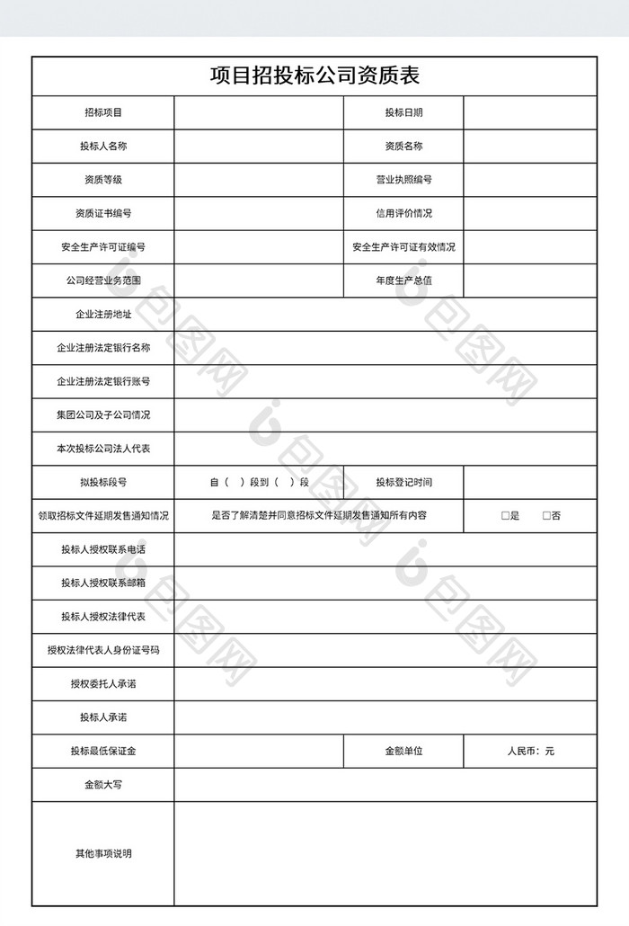 项目招投标公司资质表