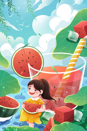 清新夏季三伏天吃西瓜夏至插画