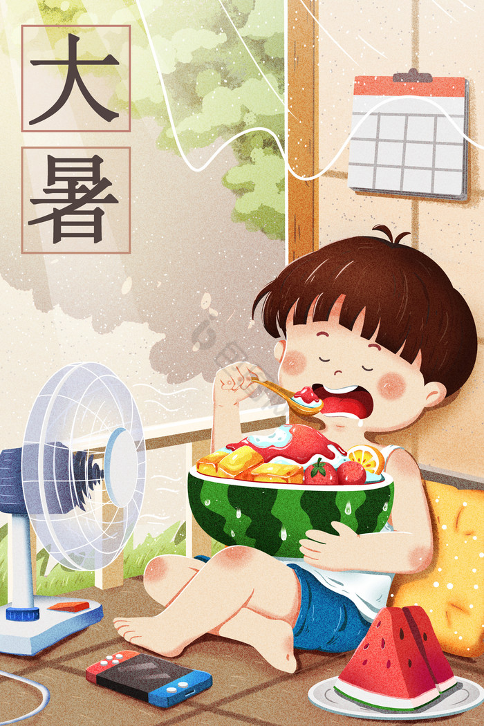 炎炎夏日吃冰沙插画图片
