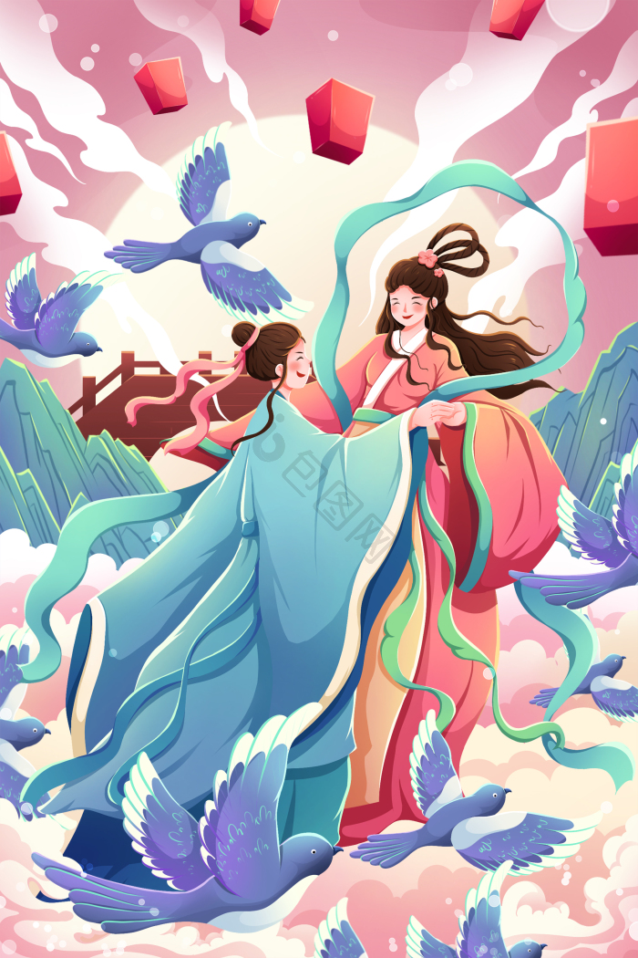 七夕节牛郎织女情人节插画图片-包图网
