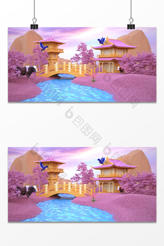 C4D国风粉色七夕鹊桥创意场景图片图片