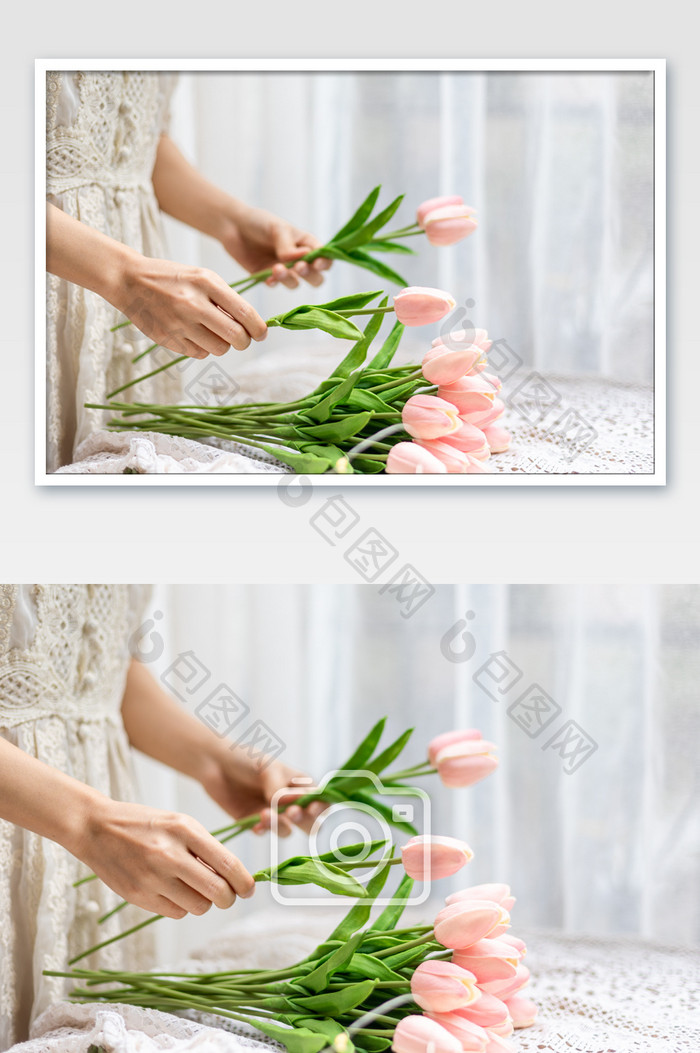 正在插花的女生整理花朵