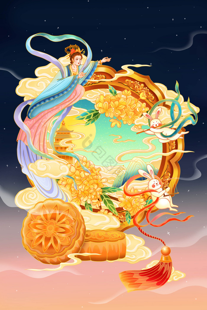 国风中秋节嫦娥月兔月饼桂花插画图片