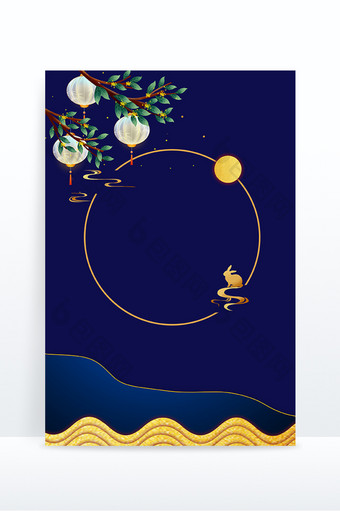 蓝色复古中秋节桂花树鎏金背景图片