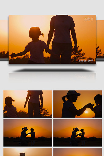 夕阳下母女互动温馨剪影4K实拍图片