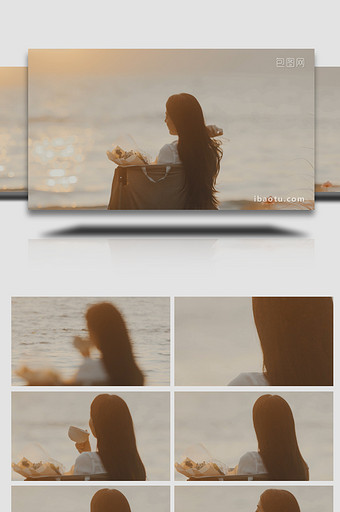 海边等待日落的年轻女性背影实拍图片