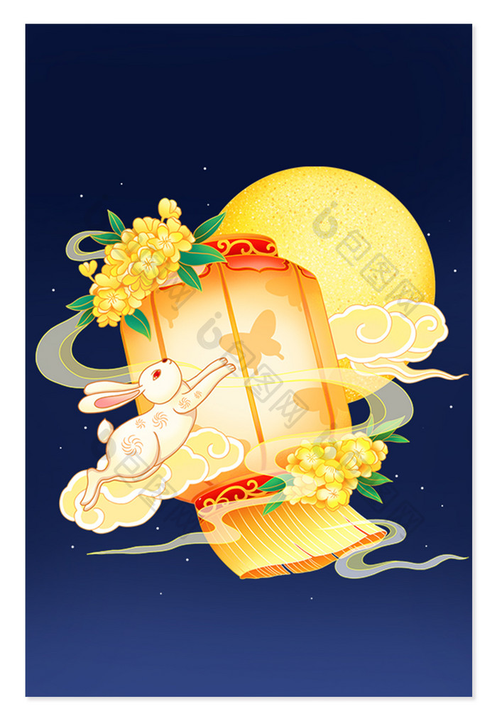 中国风中秋节兔子桂花灯笼元素