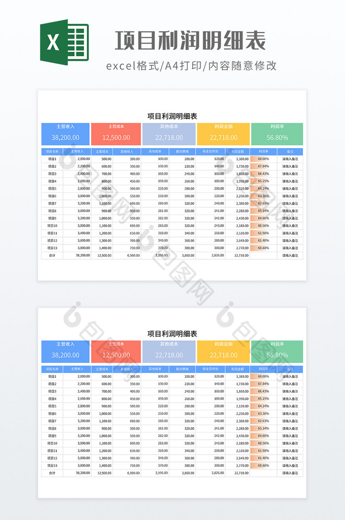 简约项目利润明细表图片图片