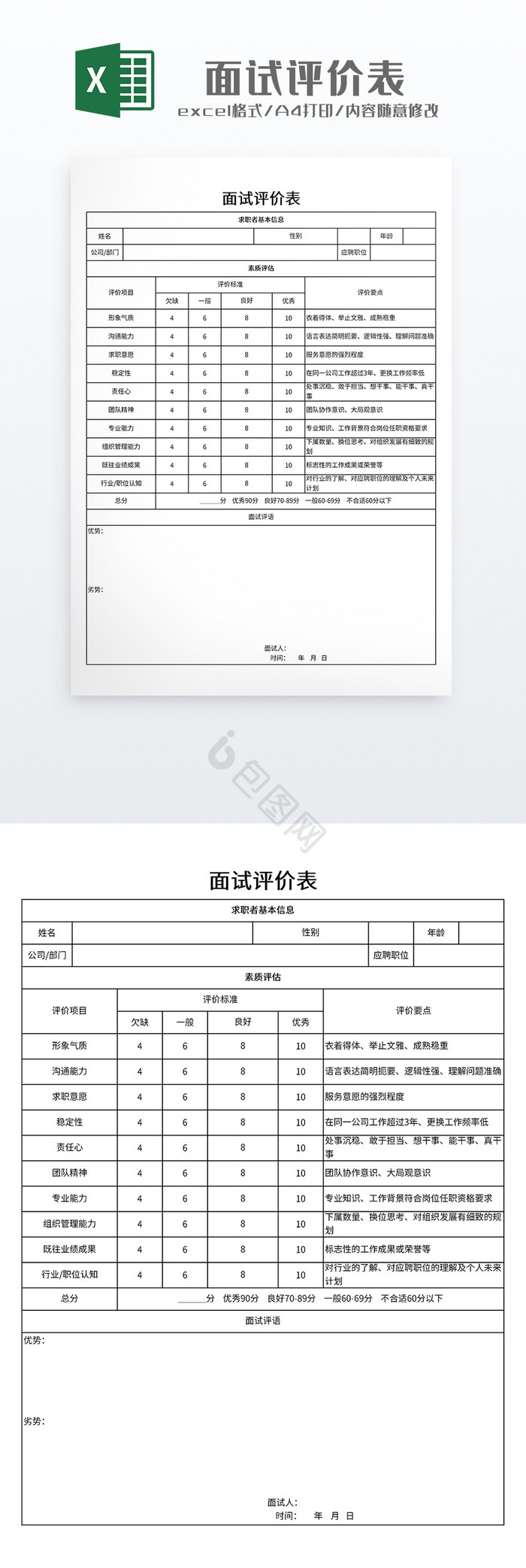 极简风格面试评价表