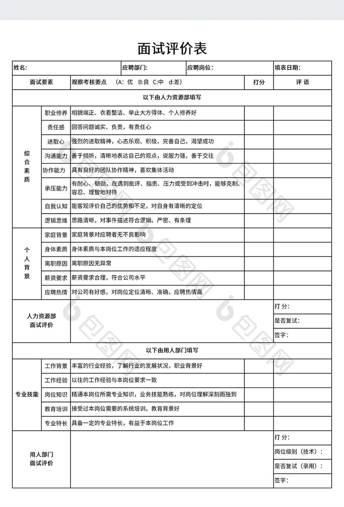 实用部门面试评价表