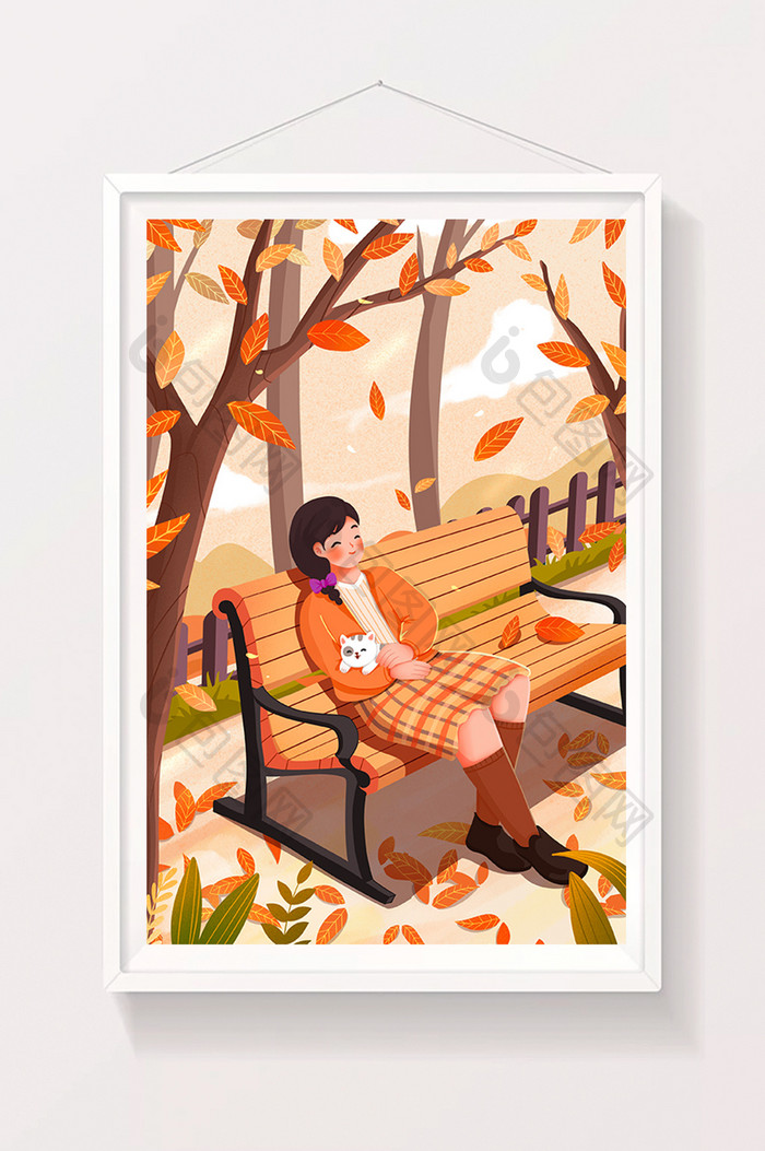 秋天坐在公园长椅上的女孩插画