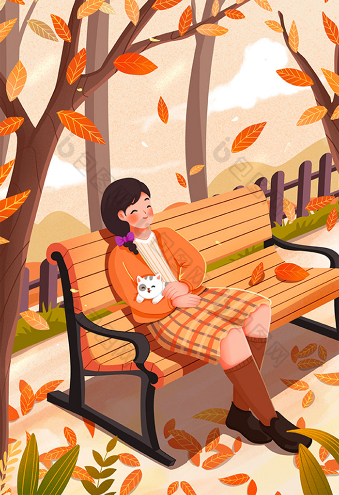 秋天坐在公园长椅上的女孩插画