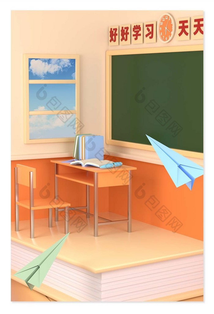 3D开学季课桌黑板教师场景