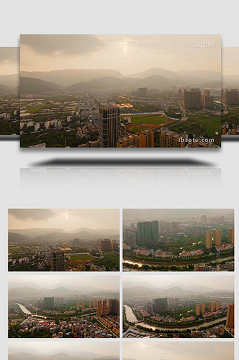 黄昏下的小县城炊烟袅袅4K航拍图片