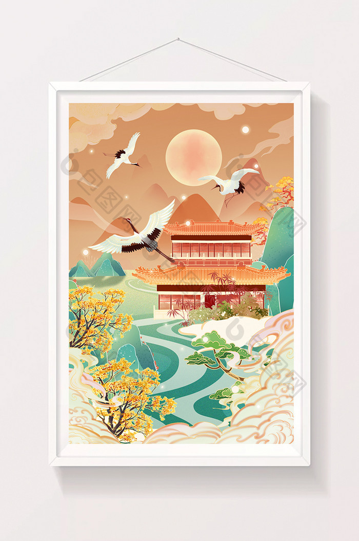 中国风国潮山水建筑重阳节插画