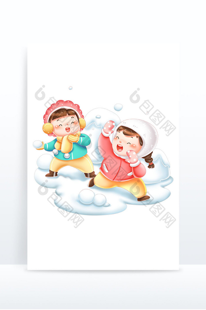 卡通儿童打雪仗冬季雪地玩耍场景