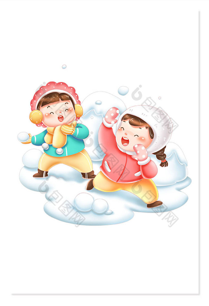 卡通儿童打雪仗冬季雪地玩耍场景