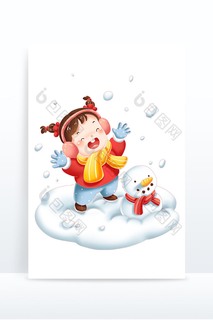 卡通冬季小孩和堆雪人雪地玩耍