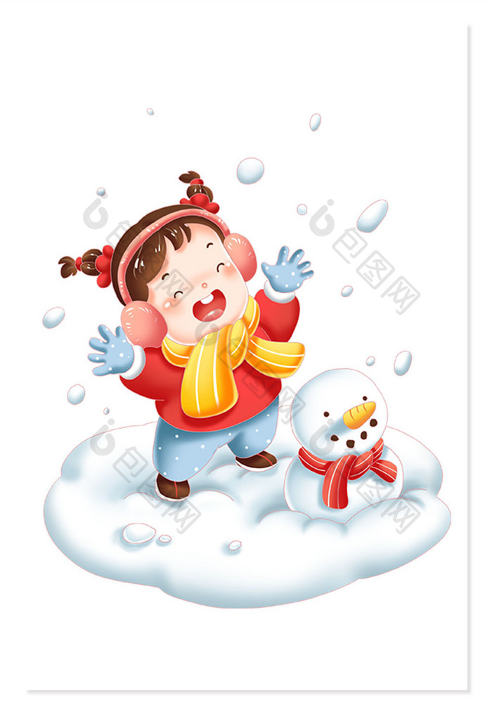 卡通冬季小孩和堆雪人雪地玩耍