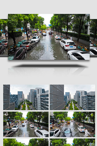 夏季暴雨城市街道路面积水4K图片