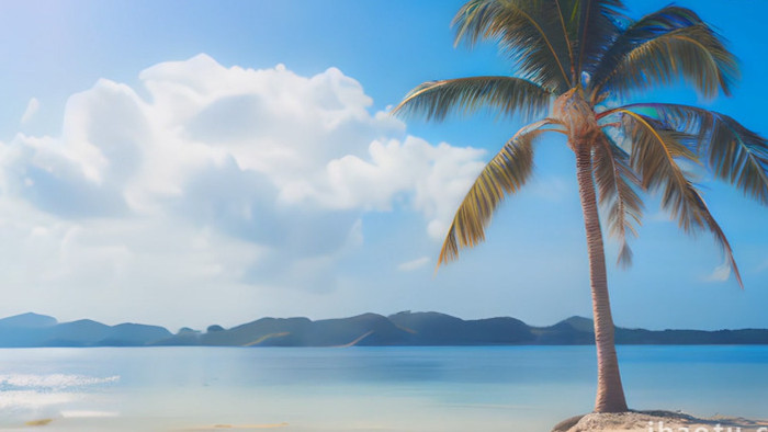 沙滩上的椰树碧海蓝天空镜