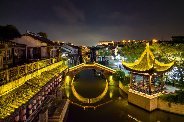 西塘古镇夜景灯光航拍摄影图图片