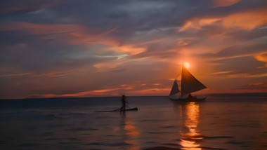 海上日落帆船大海夕阳背景视频