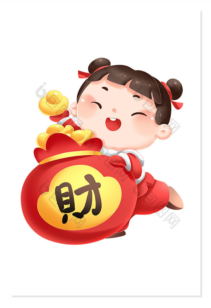 春节卡通儿童抱福袋元宝新年元素
