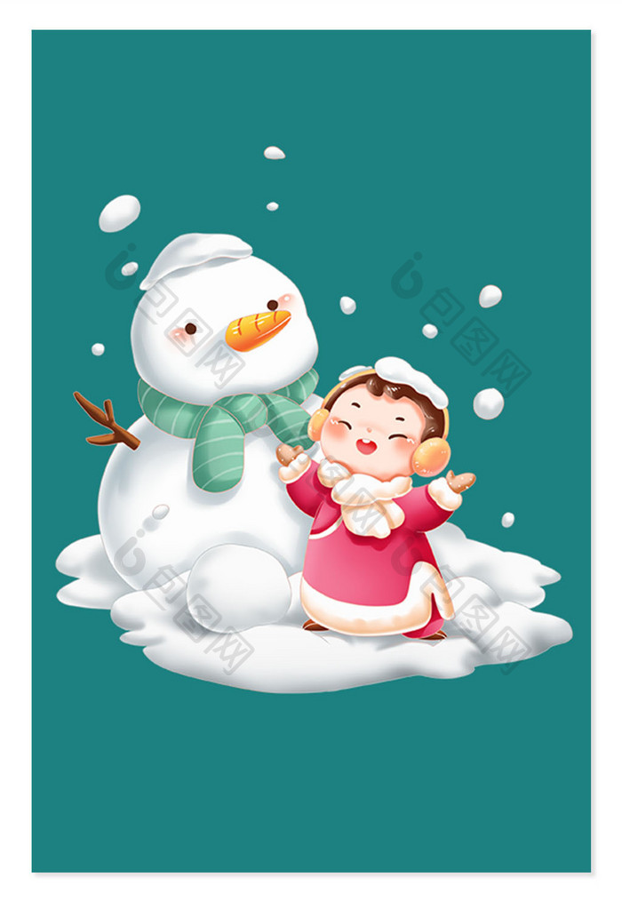 冬季节令节气小雪喜庆儿童和雪人