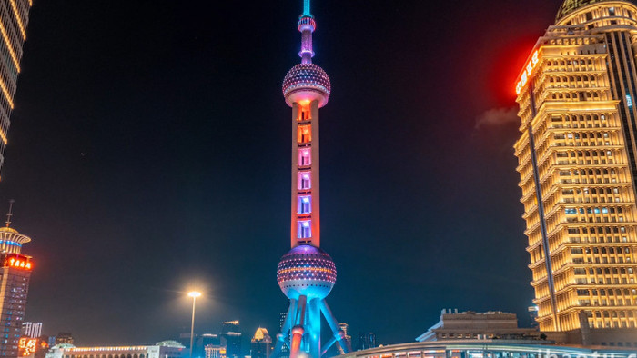 城市震撼上海东方明珠夜景延时