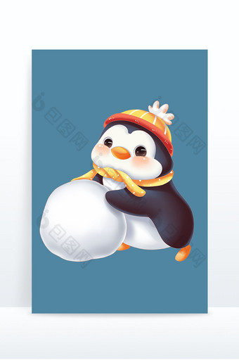 卡通冬季小企鹅滚雪球可爱小动物图片