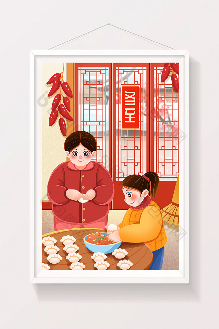 冬至农村母女包饺子插画图片图片