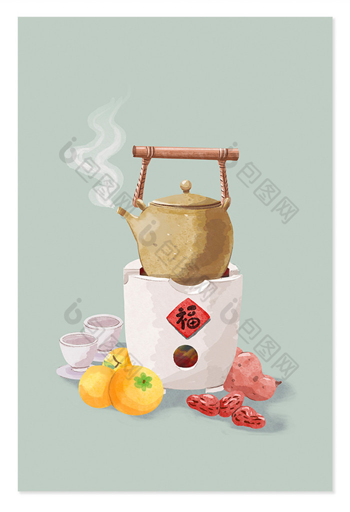 中国风手绘围炉煮茶组合元素3