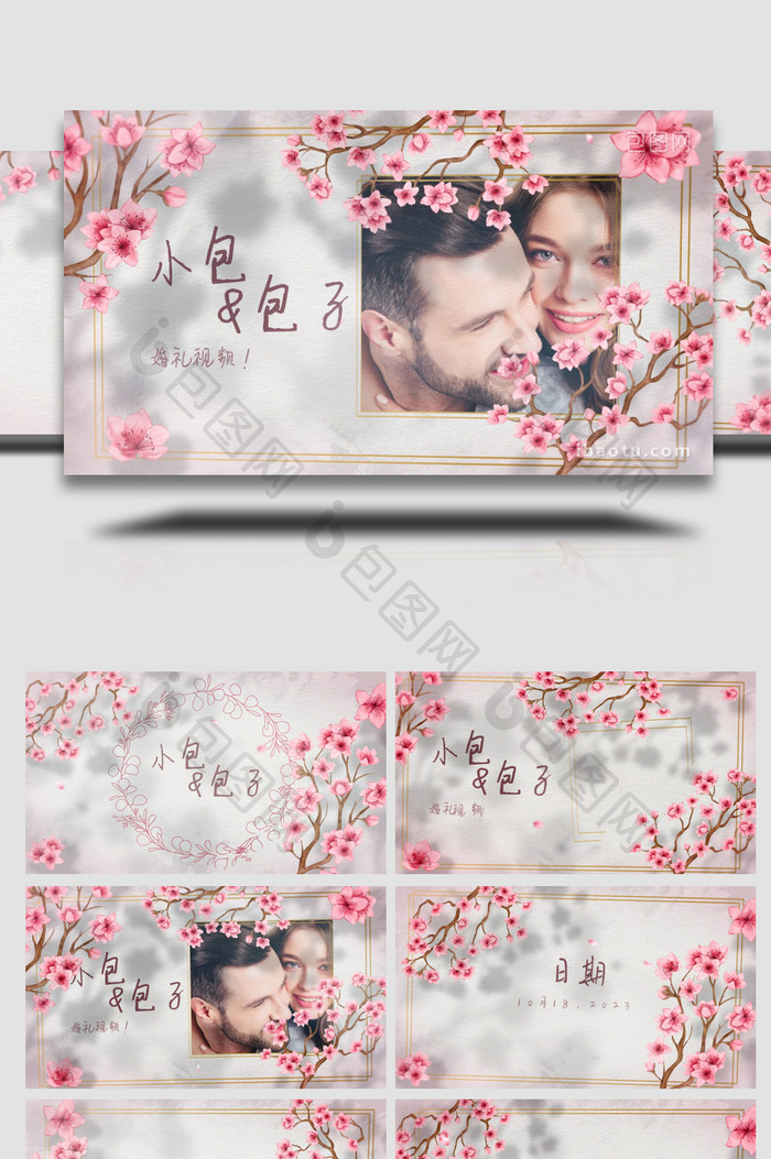 清新粉色花枝婚礼视频AE模板