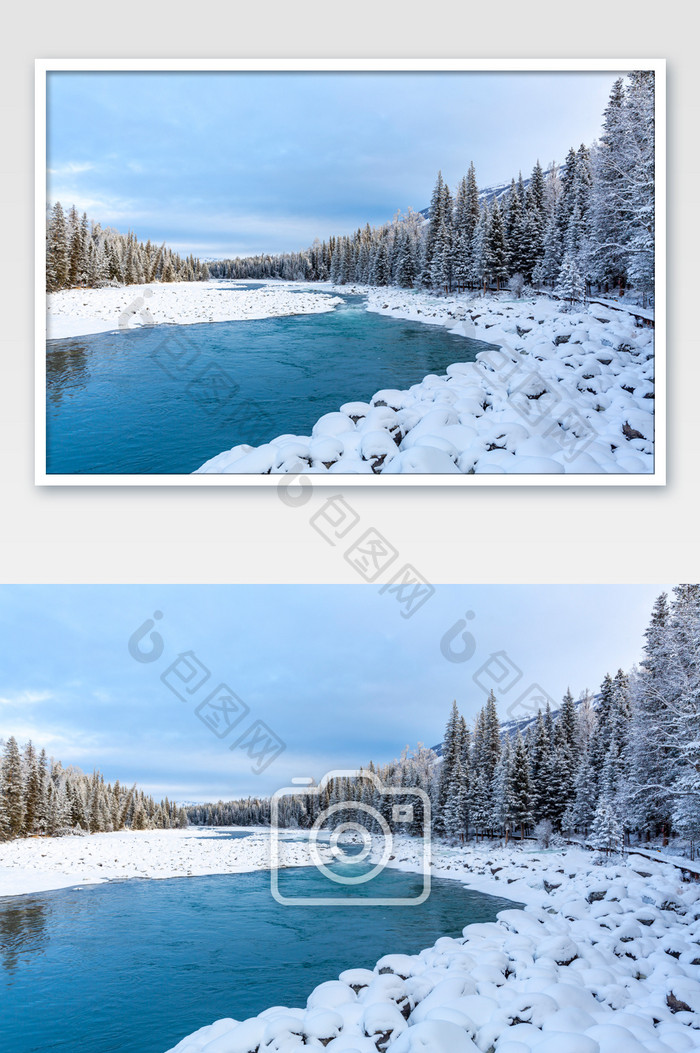 新疆冬天湖泊森林积雪