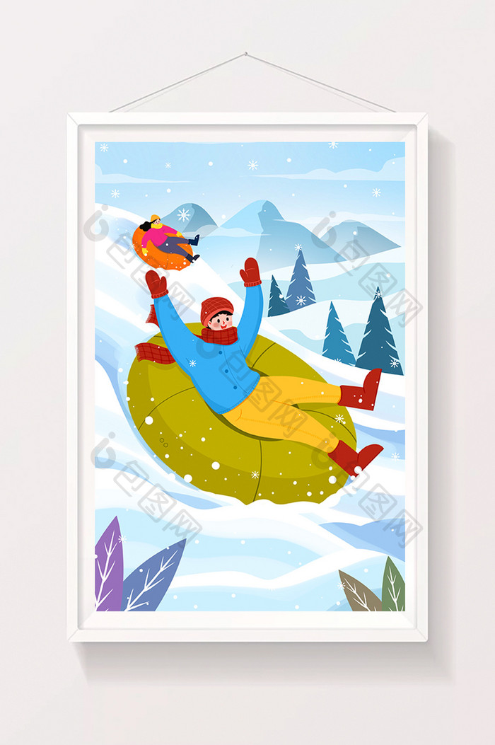 扁平滑雪玩耍的人插画