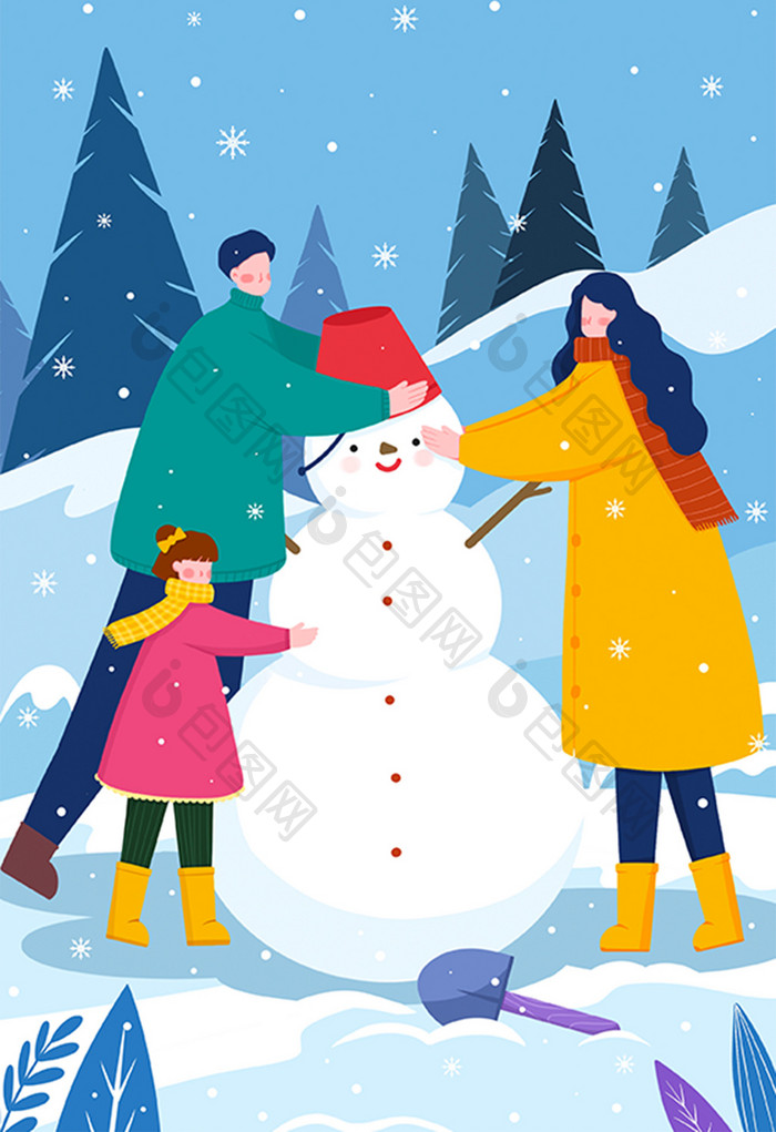 冬天温馨一家人堆雪人插画