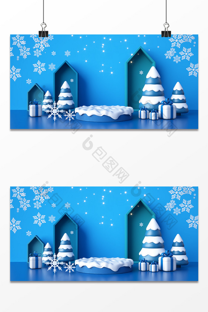 C4D创意蓝色雪花冬季氛围展台
