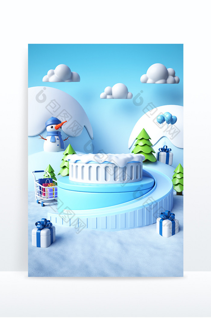 C4D创意卡通雪山雪人冬季展台