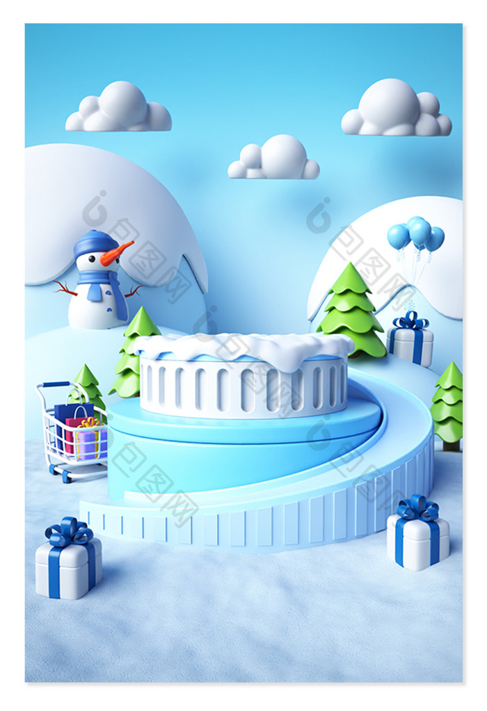 C4D创意卡通雪山雪人冬季展台