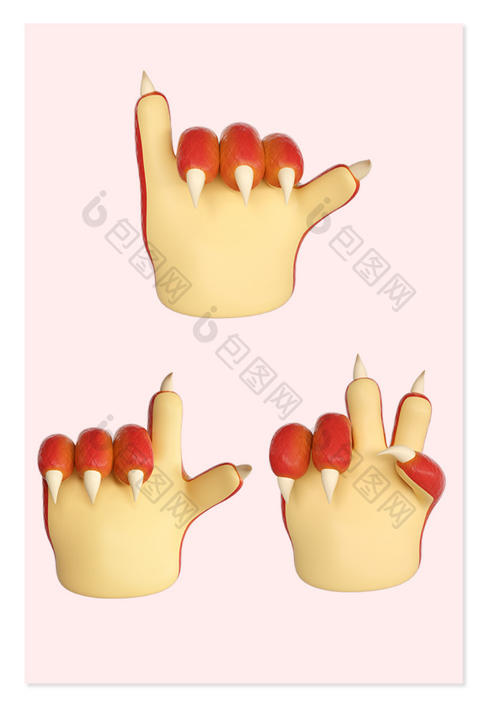 3D卡通风格红黄色龙爪手势元素