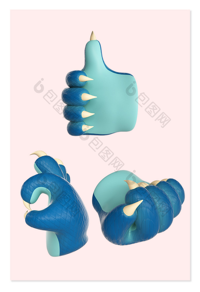 3D卡通风格蓝色龙爪手势元素