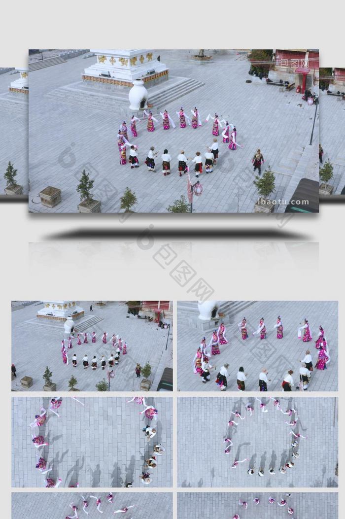 香格里拉节庆日藏族群众在广场上跳舞航拍